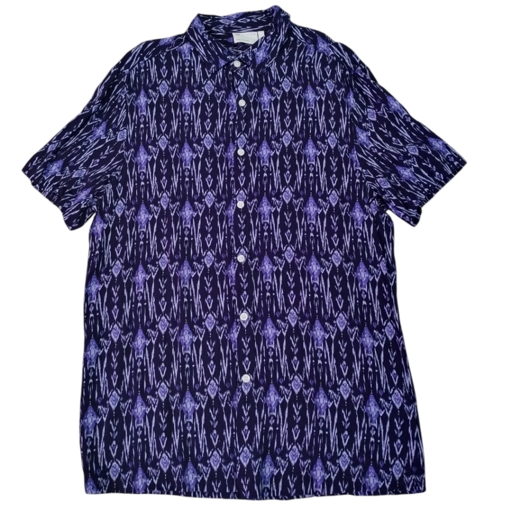 ASOS DESIGN Men’s L Short Sleeve Button Shirt  Camp Purple/Black Geometric